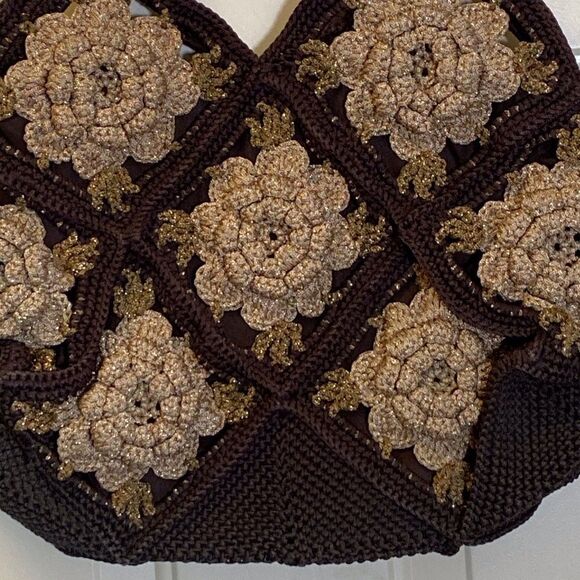 VTG, Crochet Style Retro Handmade Floral Handbag And Shoulder Bag Brown And Gold - Picture 3 of 16